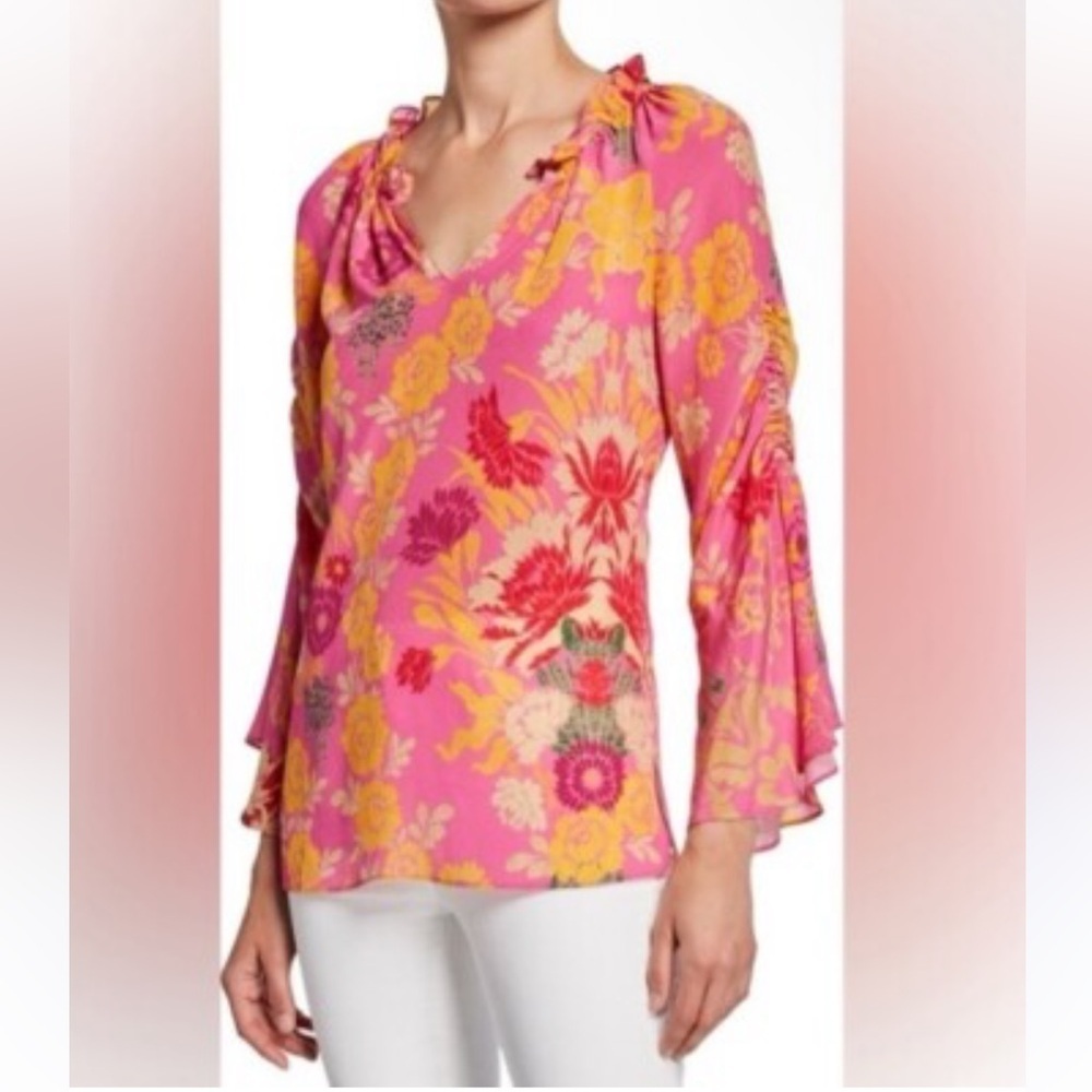 Kobi Halperin Women's Pink 100% Silk Floral Jenna Blouse Top In Blossom Size XL